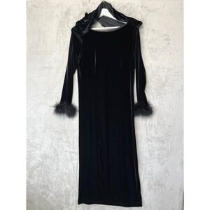 Vintage Black Velvet Hooded Maxi Dress Feather Cuffs Glam Goth Witchcore Size 12